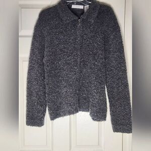 Vtg Carolyn Taylor L Gray Cozy WOOL Blend Longsleeves Full Zipper Women Sweater